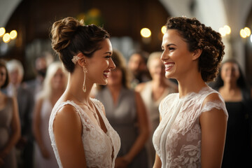 Naklejka premium A loving lesbian couple exchanging a heartfelt glance during their vows. Generative Ai.