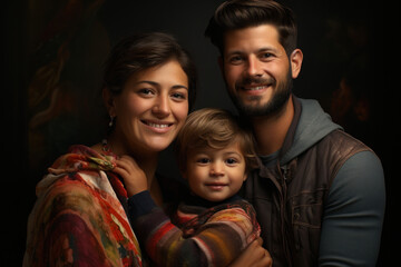 A married couple holding a family portrait with their adopted children. Generative Ai.