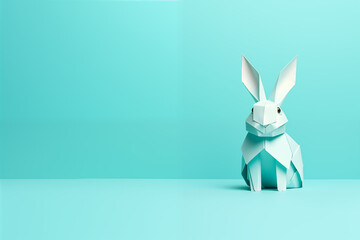 Origami Paper Rabbit on Turquoise Background with Empty Space for Text