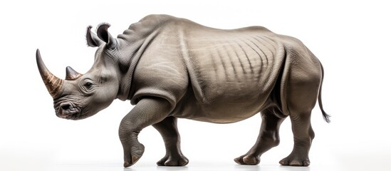 A rhino of a gray hue positioned against a backdrop of pure white