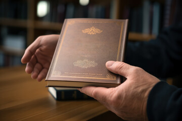 A person's hand holding a book. Generative Ai.