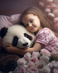 A cute little girl hugging a panda on her bed