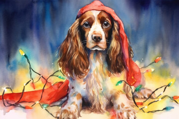 Dog in Christmas decoration. Watercolor illustration of Christmas