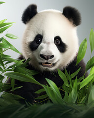 A cute little panda with leaves and plants on a clean background