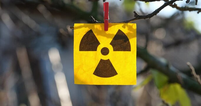 A yellow paper note with radiation warning sign on it attached to a tree branch with a clothes pin. Close up.
