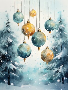 Christmas tree New Year's style, watercolor drawing style, winter landscape, snowflakes snow, holiday mood, greeting card invitation