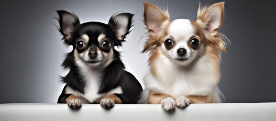 A pair of Chihuahuas standing against a backdrop that is white