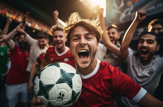 Soccer fan celebrates his favorite team's goal and has won