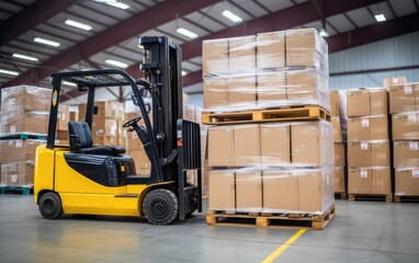 A forklift loads pallets and boxes in a warehouse