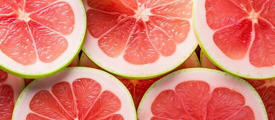 A close up view of slices of guava which have a pink color