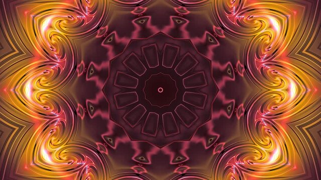 Fiery round pattern metamorphoses with pulsation in center. Glowing ornamental deformation and kaleidoscopic transformations. Luminous abstract floral background changes, vibration. 4K UHD 4096x2304