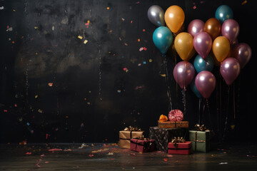 Birthday card with colorful balloons and gifts on dark grunge background