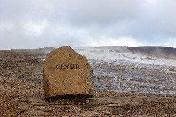 dormant great geyser at iceland with steam horizontal