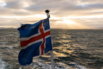 Icelandic flag waving in the wind in slow motion at the sea at sunset