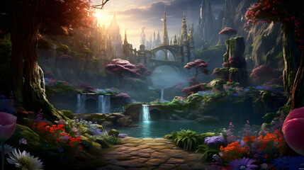 fairy tale landscape with castle and waterfalls