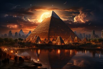ancient pyramid illuminated by the golden glow of the setting sun