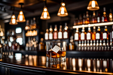 Fototapeta na wymiar A glass of whiskey in a quiet and dark whiskey bar. Generative AI