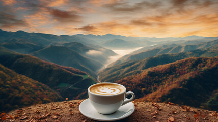 coffee cup with hot coffee on the background of the mountains. autumn landscape - obrazy, fototapety, plakaty