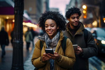 Obraz premium A smiling African-American woman with a phone in her hands on a city street at night, men walking behind her.
