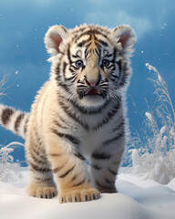 A cute baby tiger on a snow with clean background