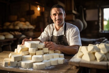 Middle-aged Italian farmer preparing homemade cheese - obrazy, fototapety, plakaty