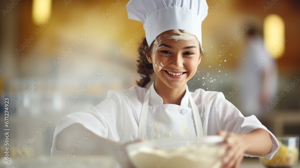 Poster A woman in a chef hat is mixing dough or something else into the bowl, AI