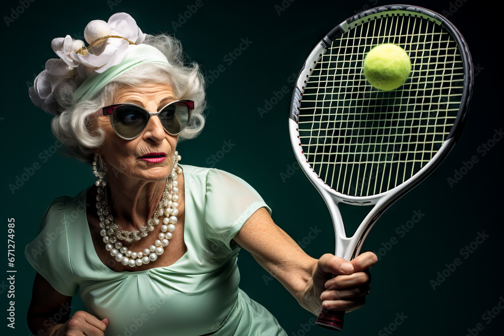 Wall mural Elderly Elegance on the Tennis Court: Cute Granny's Player Swing in Action.