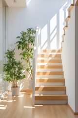 Minimalistic Staircase with wooden steps to the second floor in a house with white walls