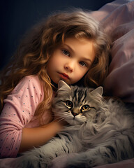 A cute little girl hugging her pet on a cosy bed