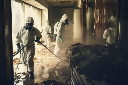 Sanitizing Safely: People in protective suits and gas masks conduct a sanitary treatment, emphasizing infection control