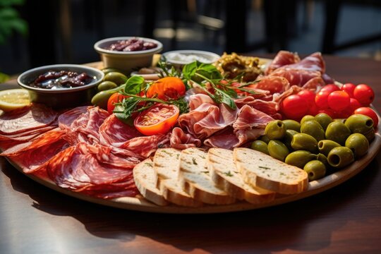 Cold appetizer on a large plate in a restaurant, served meat, bread, vegetables and souses