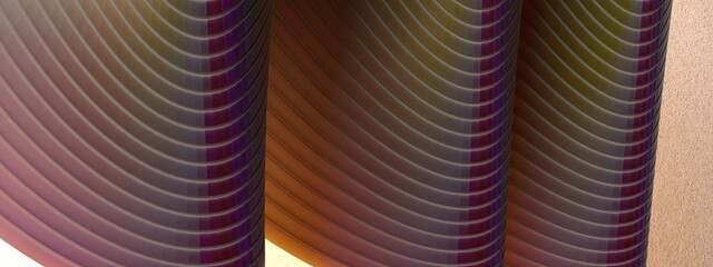 Elegant and modern 3D rendering abstract background with bent and twisted curves, bezier curves representing modern art luxury. Warm colors.