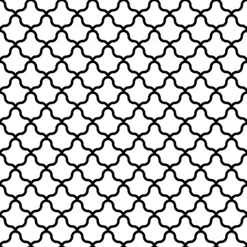 Interlocking white figures tessellation on black background. Image with floral shapes. Ethnic mosaic tiles motif. Oriental window tracery. Seamless surface pattern design with scales ornament. Vector.