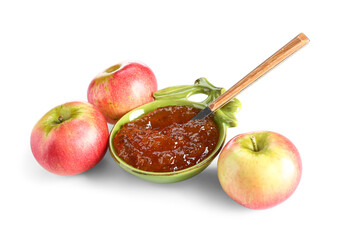 Bowl of sweet apple jam on white background