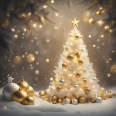 Árbol de Navidad Blanco y Esferas Doradas Pino Navideño en Color Blanco y Dorado Nevado en Bosque