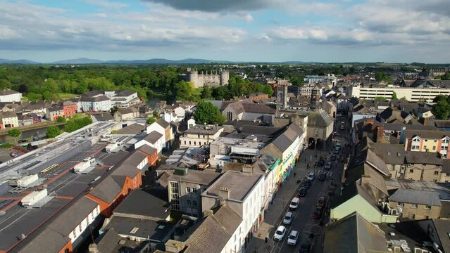 IRELAND - JULY.27.2023 - Excellent aerial footage approaching the Kilkenny Castle in Kilkenny, Ireland.
