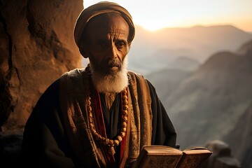 a priest from Tigray in Ethiopia, Africa, adorned in traditional ecclesiastical robes. He clutches an age-old scripture inscribed with Ge'ez script. Against the background of rugged terrain. generativ - obrazy, fototapety, plakaty