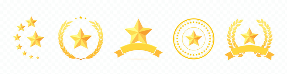 Gold star logo set. Vector medals and badges with stars. Achievement icons. Winner Prize. Competition Trophy - obrazy, fototapety, plakaty