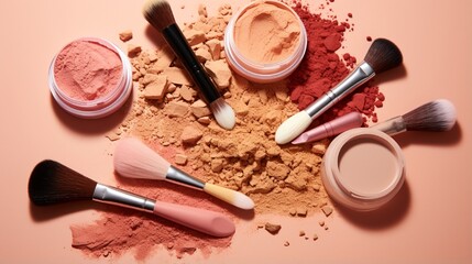 A selection of mineral makeup products including foundation, blush, and bronzer, on a bright pink background.