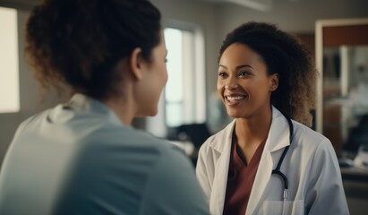 The family physician, the doctor talks to the patient about their illness, symptoms. Clinic, practitioner, medical care, health care, insurance, helping sick people.