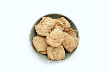 Textured soy protein on white background.