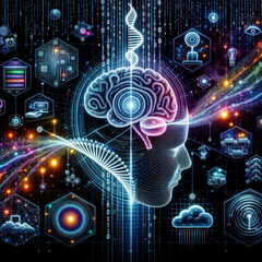 Obraz premium Artistic Depiction of a Digital Environment with Zeros and Ones Streaming from the Top At the Centerpiece a Human Brain Transitions into Digital Illustrations Wallpaper Digital Art Background Cover 