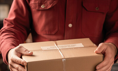 The delivery person's hands carefully holding a package labeled with the recipient's address