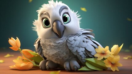 A cute Gray white peony parrot, big eyes, lovely, cyanfeathers on the belly, 3d, high quality, super detail,