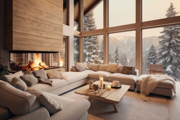 Interior of a modern chalet in the mountains with cozy sofa and fireplace