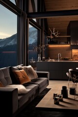 Interior details of a modern chalet in the mountains with cozy sofa and fireplace