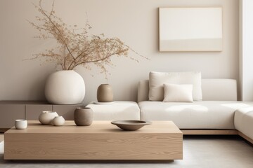 Close up details of a modern japandi style living room interior