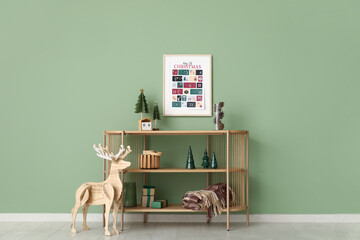 Interior of living room with Christmas calendar and shelf unit