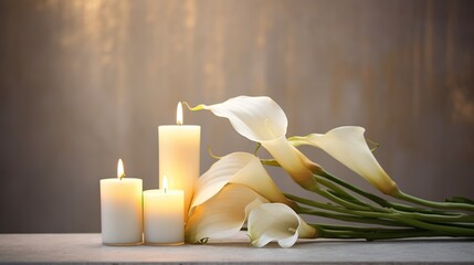 Serene Elegance: White calla lilies gracefully poised beside glowing candles on a silky navy fabric. - obrazy, fototapety, plakaty