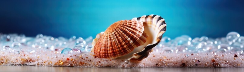 Obraz premium Coastal elegance: a curated display of shells and lustrous pearls amidst granules on a tranquil blue canvas.